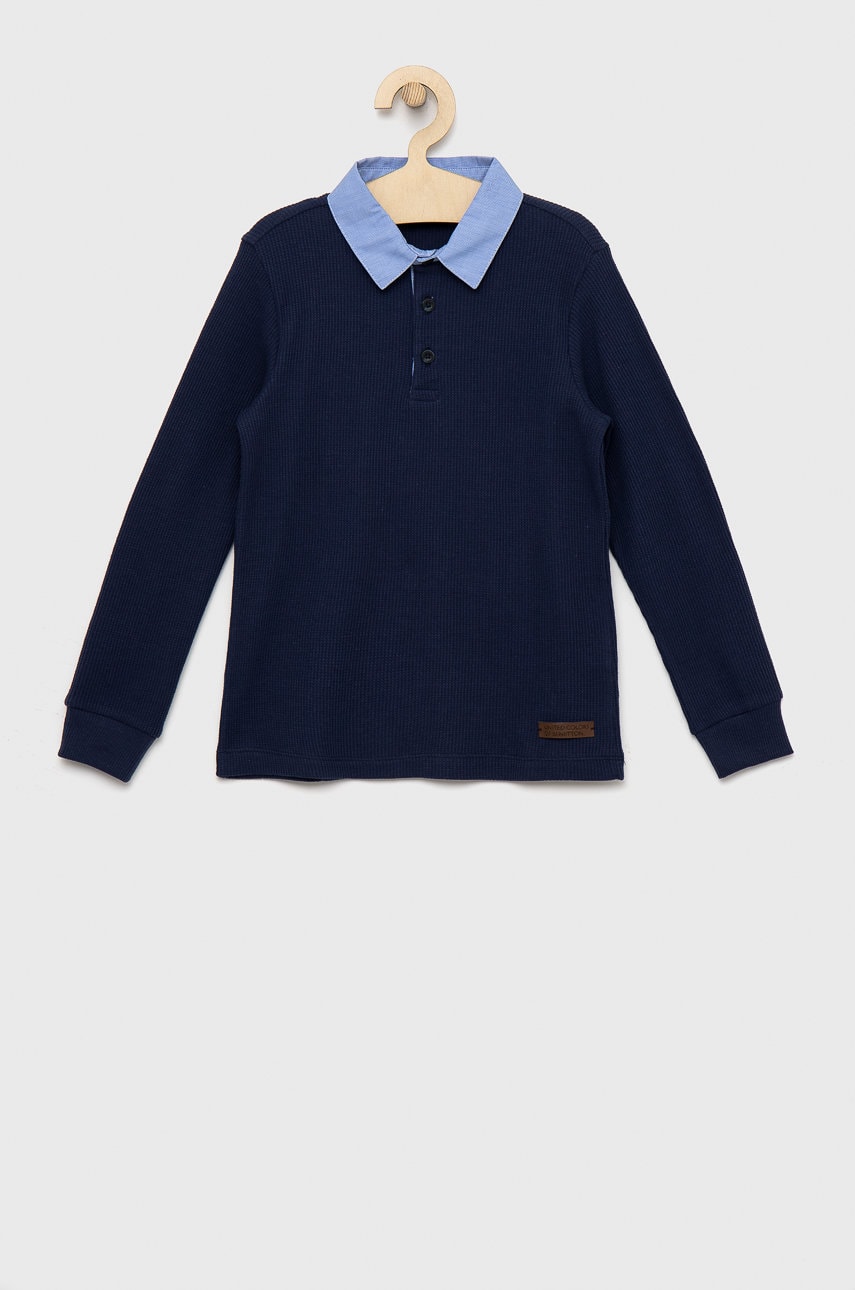 United Colors Of Benetton longsleeve copii culoarea albastru marin, neted