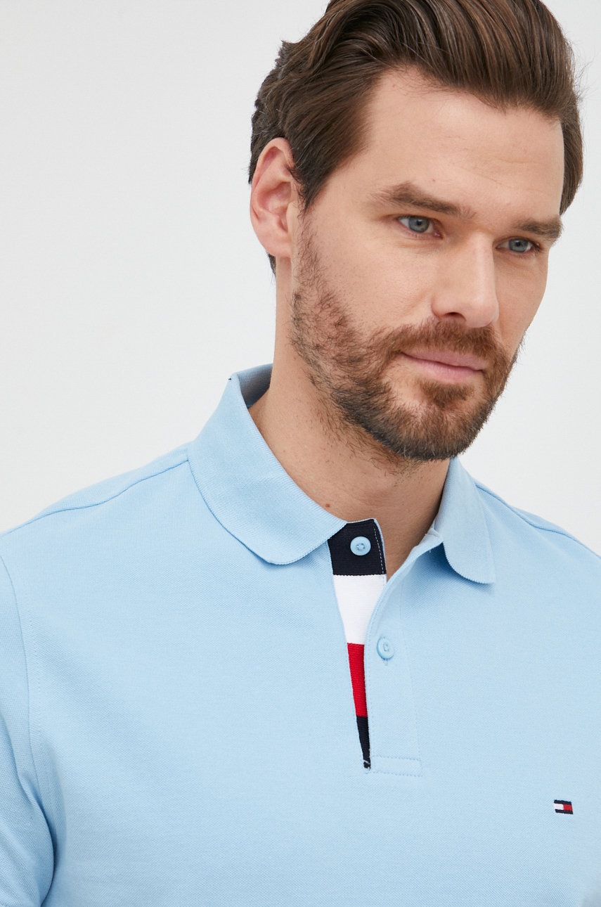 

Памучна тениска с яка Tommy Hilfiger с изчистен дизайн, Син