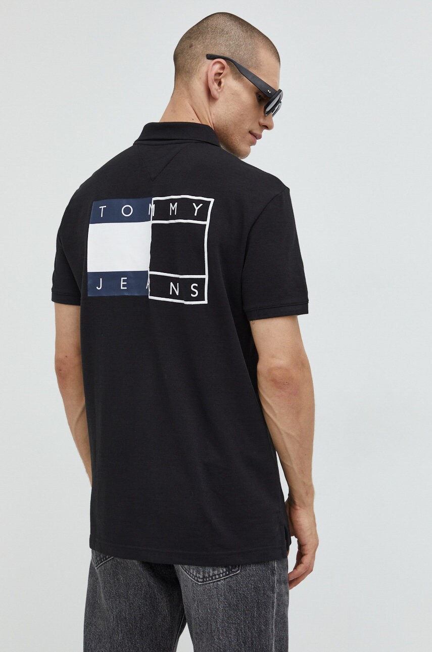 Tommy jeans tricou polo barbati, culoarea negru, cu imprimeu