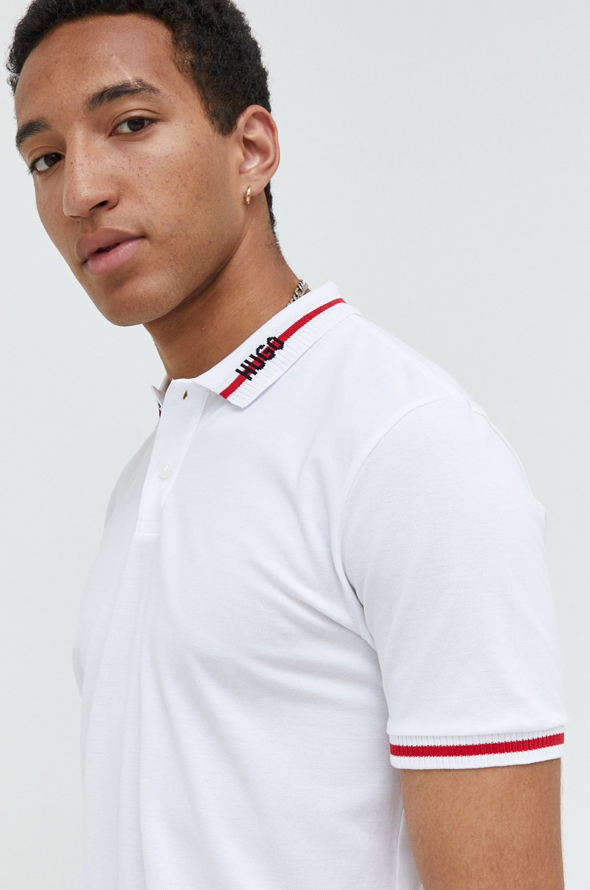 

Памучна тениска с яка HUGO в бяло с изчистен дизайн, Бял