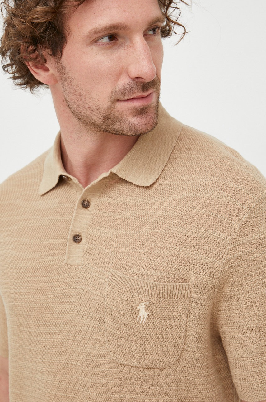 

Тениска с яка с лен Polo Ralph Lauren в бежово с изчистен дизайн, Бежов
