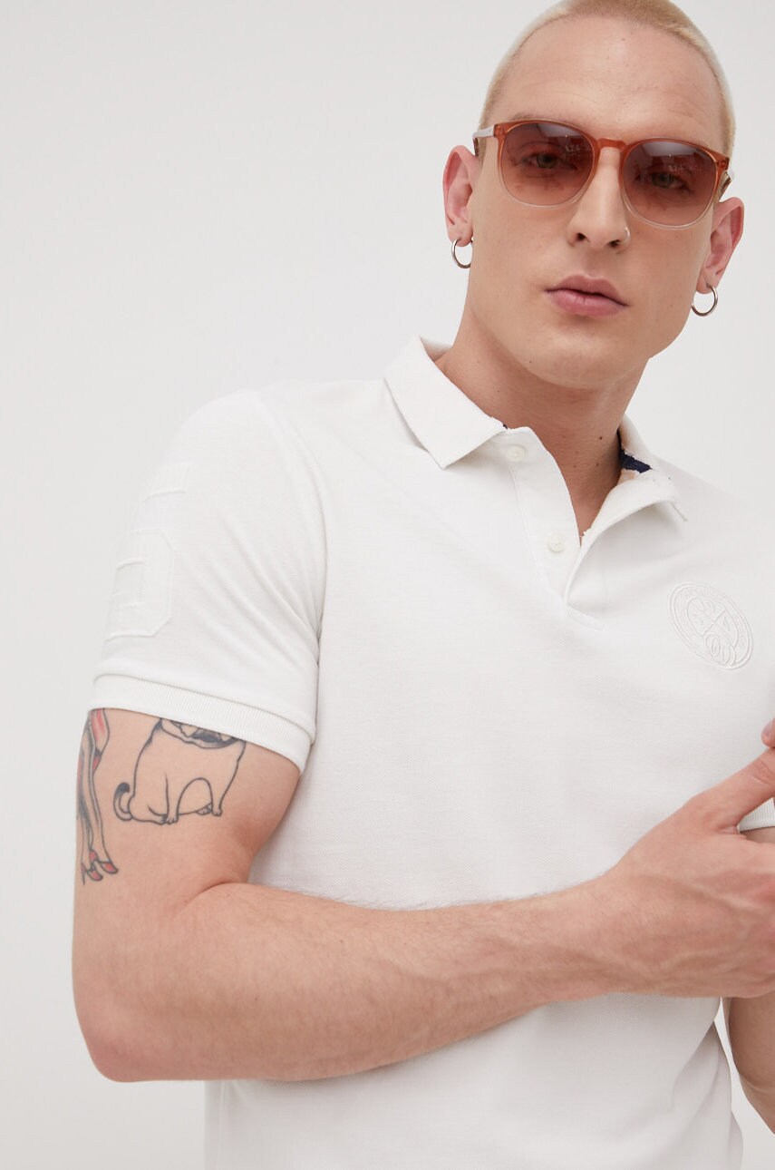 Superdry polo de bumbac culoarea alb, cu imprimeu