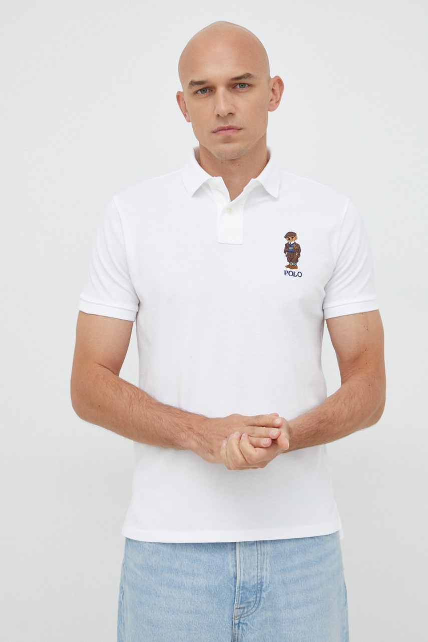 

Памучна тениска с яка Polo Ralph Lauren в бяло с апликация, Бял