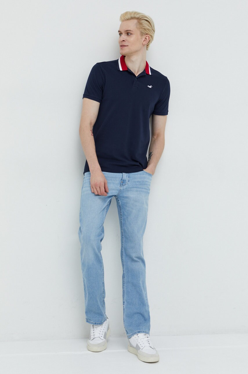 Hollister co. tricou polo barbati, culoarea albastru marin, cu imprimeu