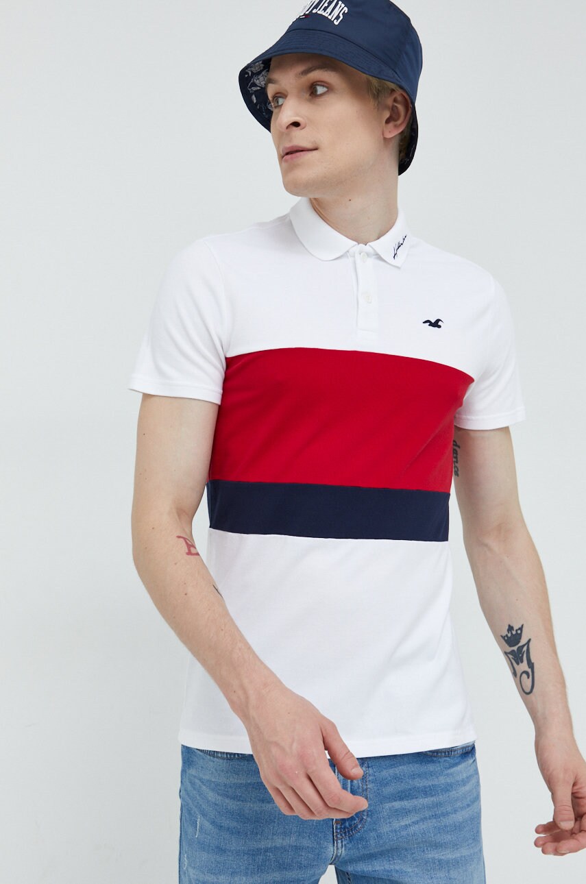 Hollister co. tricou polo barbati, culoarea alb, neted