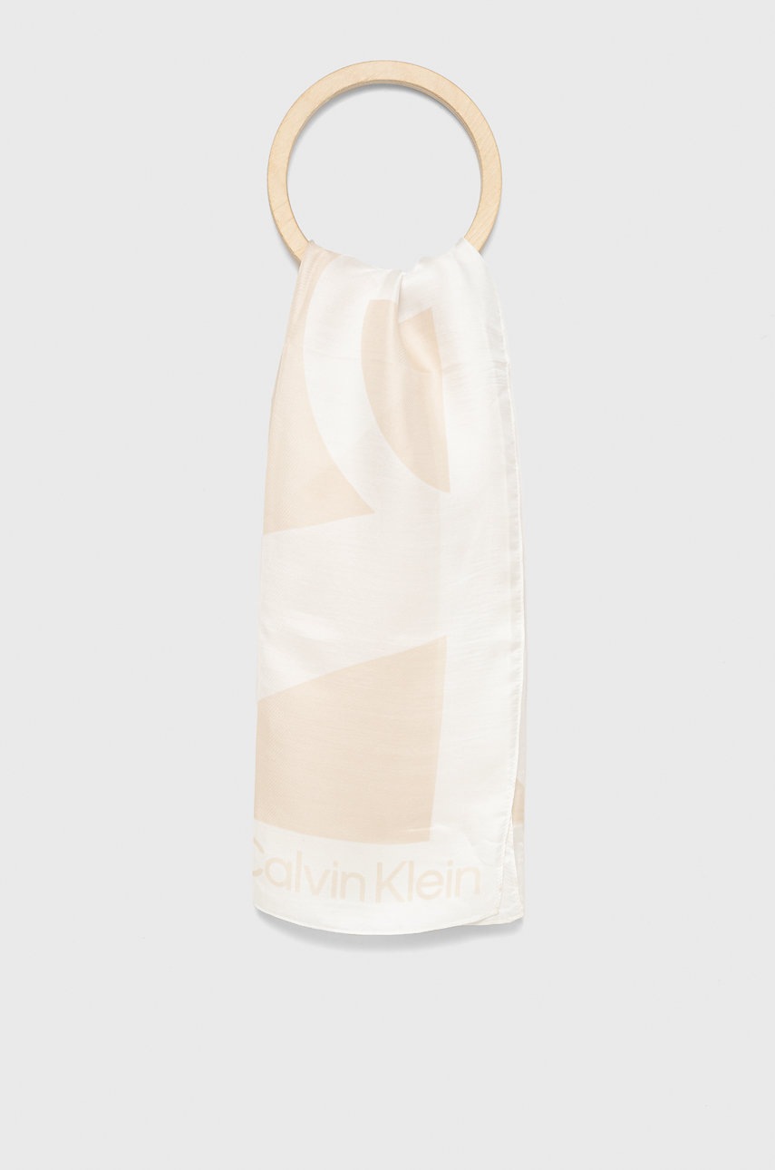 

Копринено шалче Calvin Klein в бежово с десен, Бежов