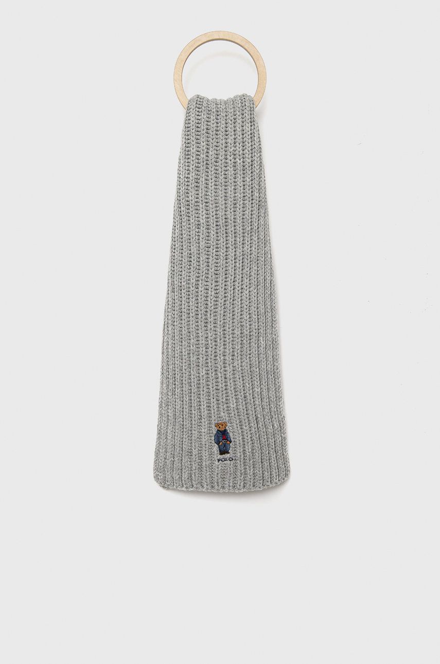 Šátek z vlněné směsi Polo Ralph Lauren šedá barva, s aplikací - šedá -  65% Recyklovaný polyest