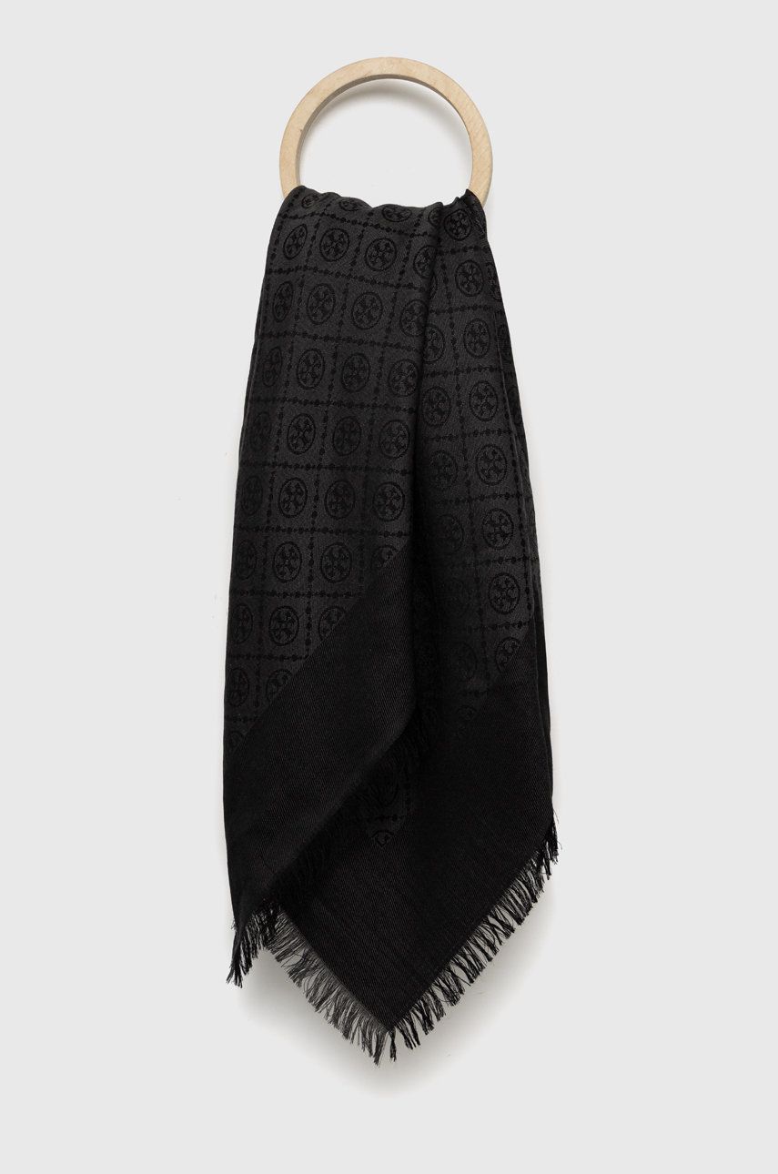 Hedvábný šátek Tory Burch černá barva - černá -  70% Vlna