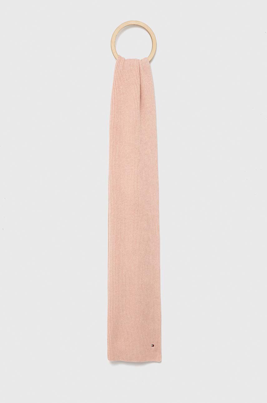 Šátek s příměsí kašmíru Tommy Hilfiger růžová barva, hladký - růžová -  95% Bavlna