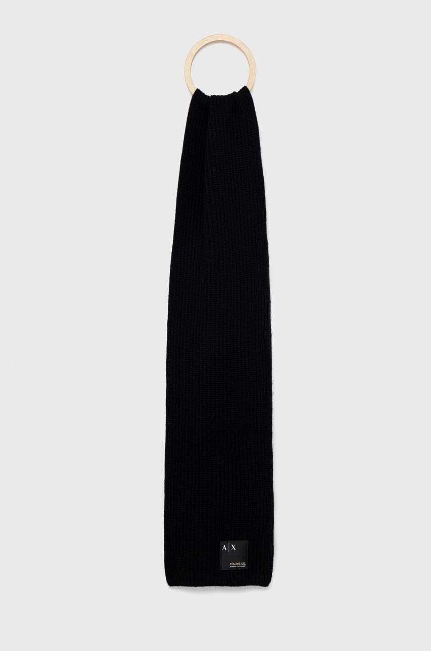 Armani Exchange szalik wełniany kolor czarny gładki