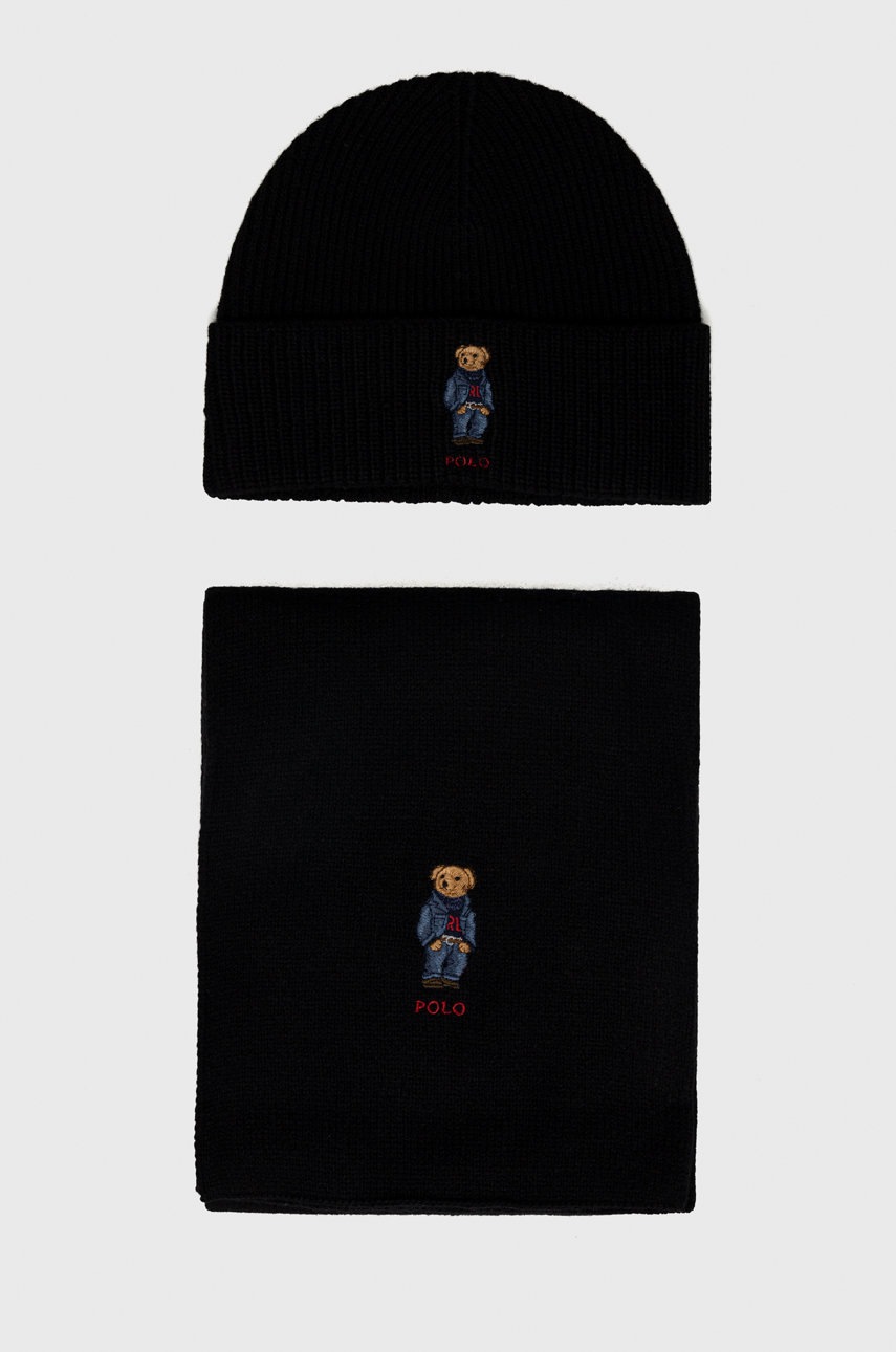 

Вълнени шапка и шал Polo Ralph Lauren в черно, Черен