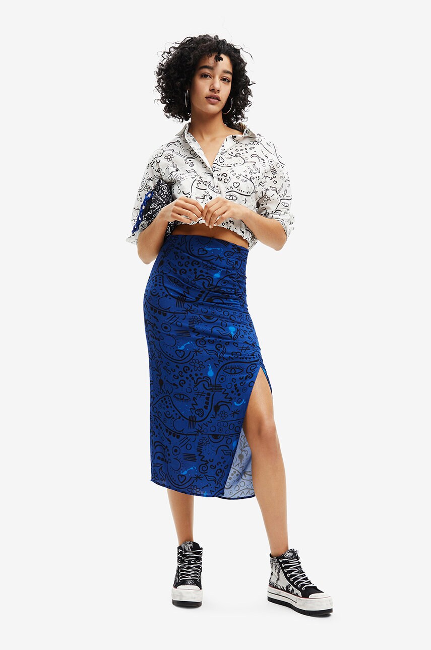 Desigual fusta culoarea albastru marin, midi, drept