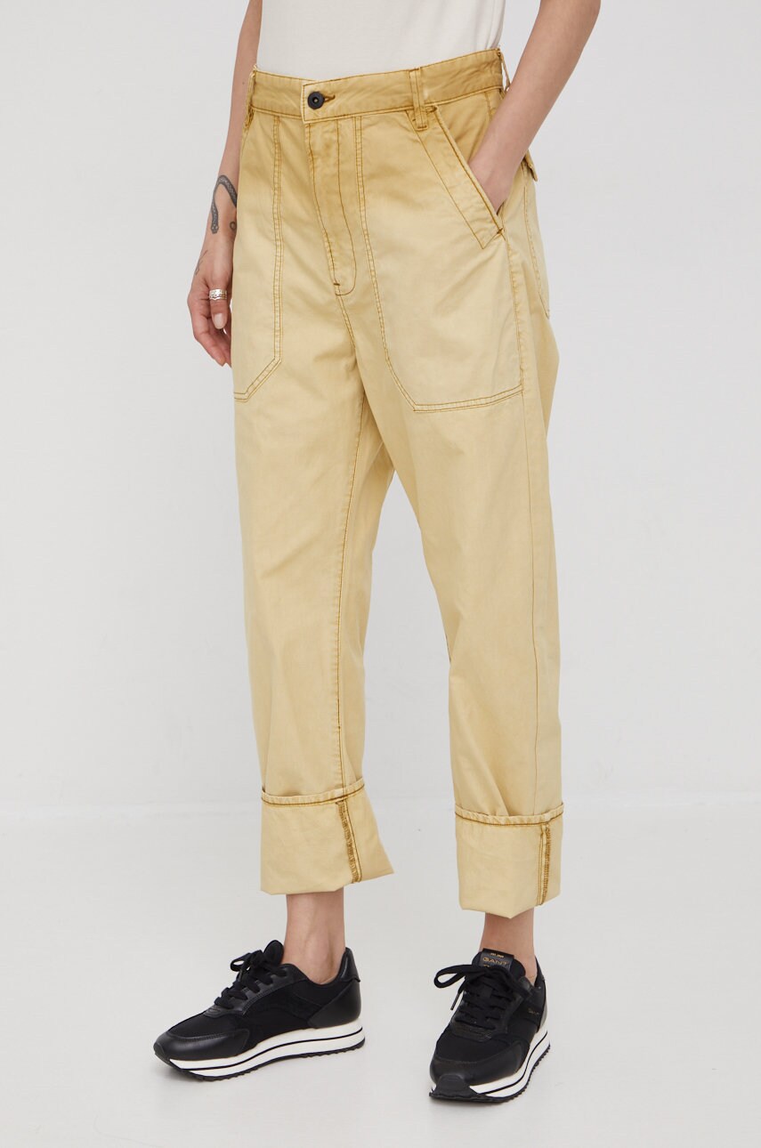 G-star raw pantaloni de bumbac femei, culoarea bej, drept, high waist