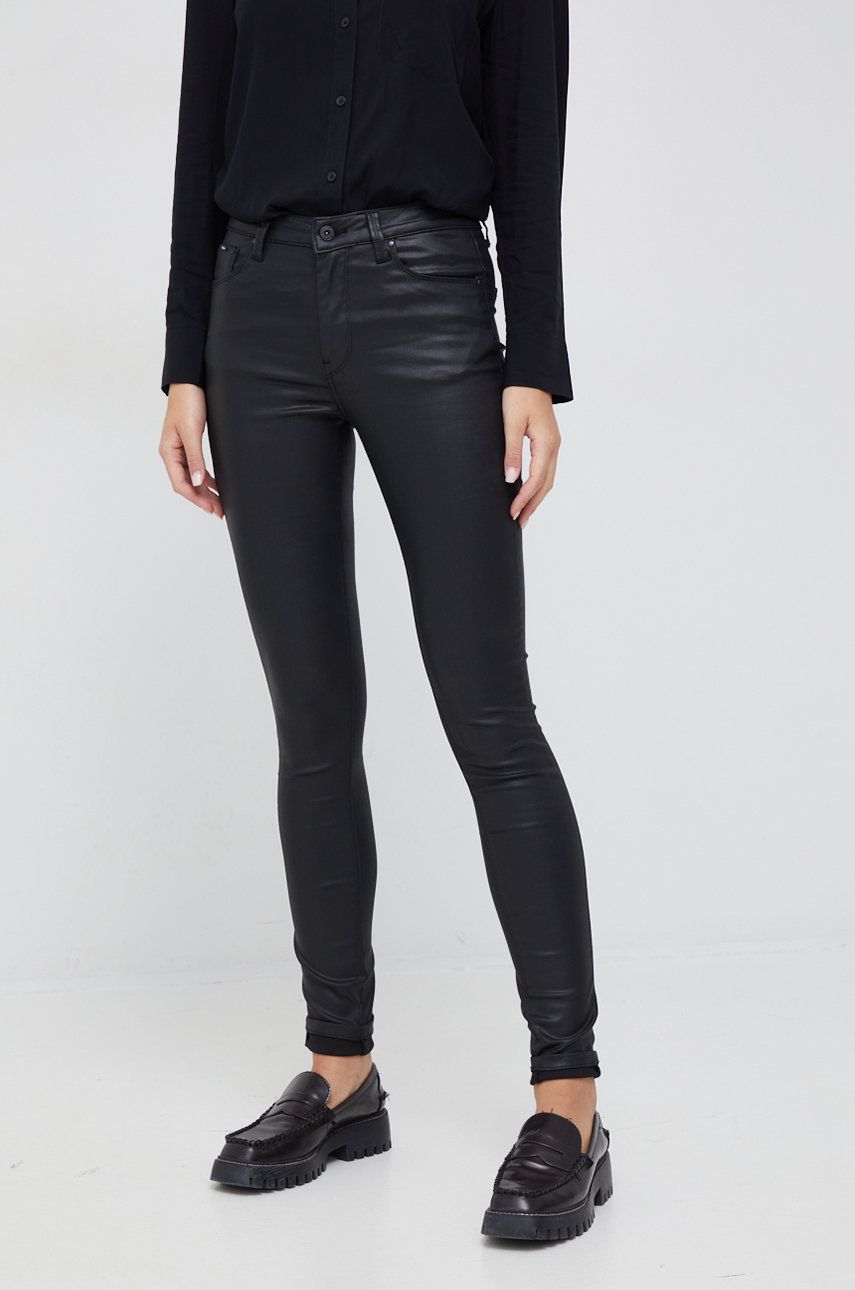 Levně Kalhoty Pepe Jeans dámské, černá barva, přiléhavé, high waist