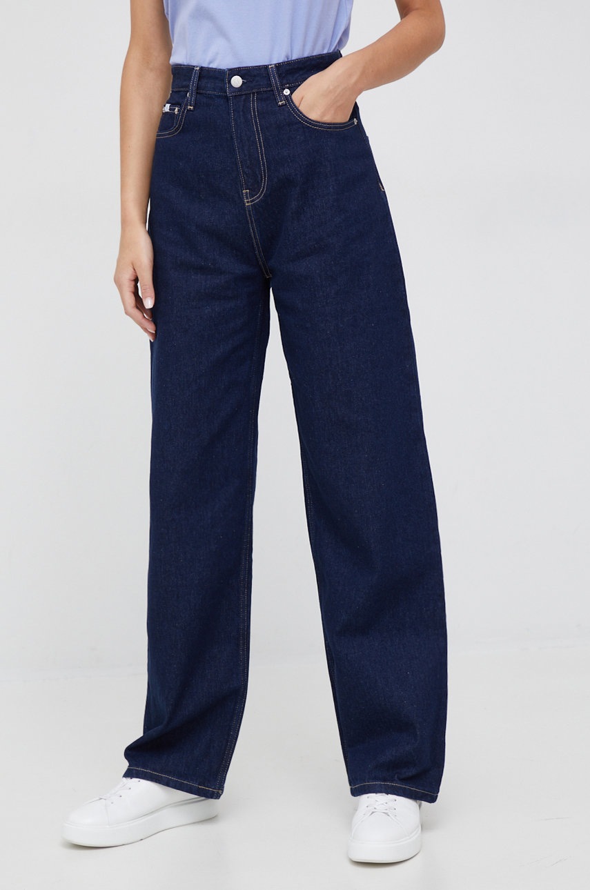 

Памучни дънки Calvin Klein Jeans в с висока талия, Тъмносин