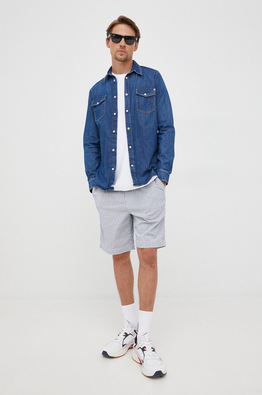 Pepe jeans camasa jeans barbati, culoarea albastru marin, cu guler clasic, regular