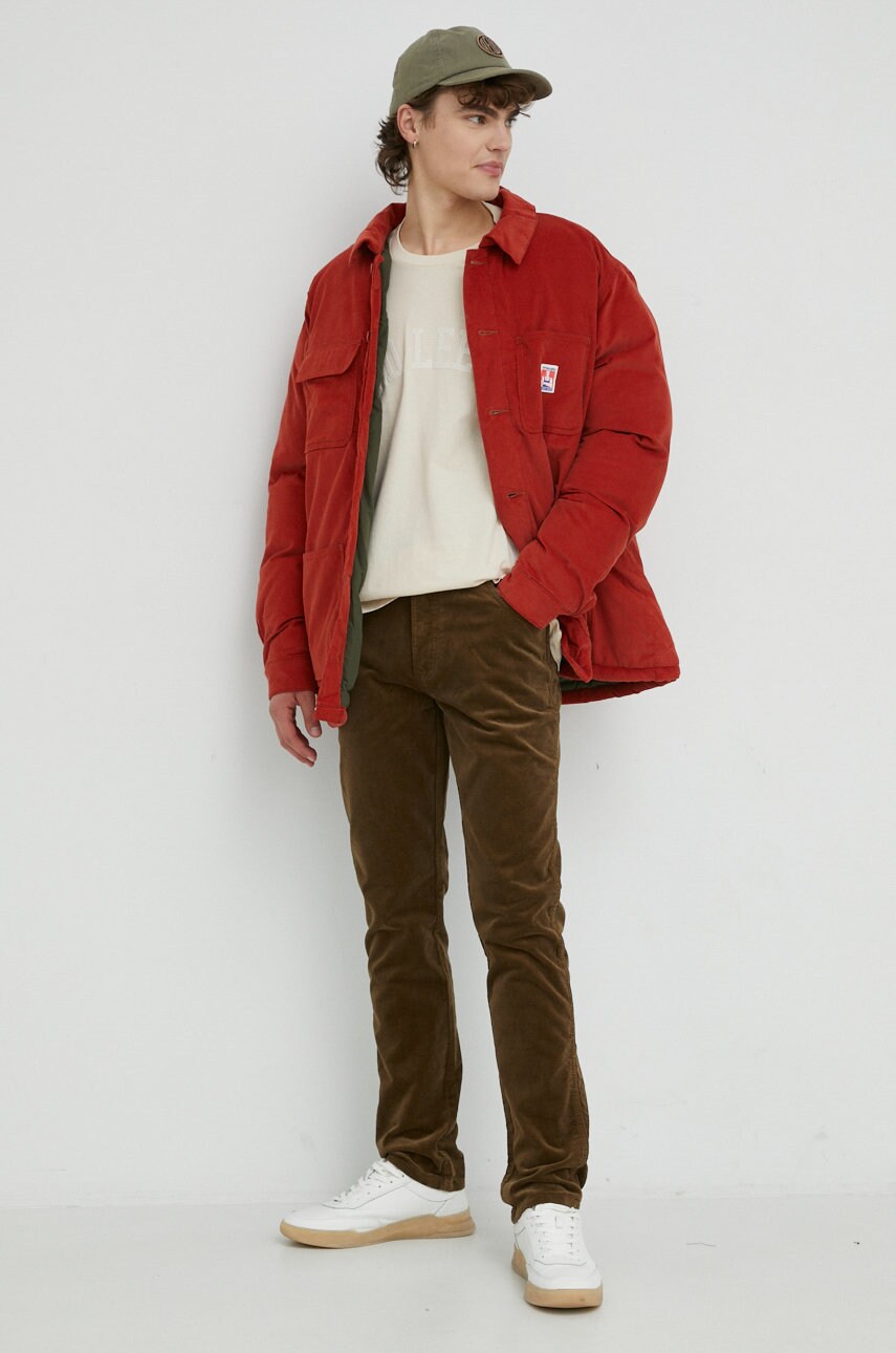 

Вельветовые брюки Wrangler Texas Slim Teak мужские цвет зелёный облегающее