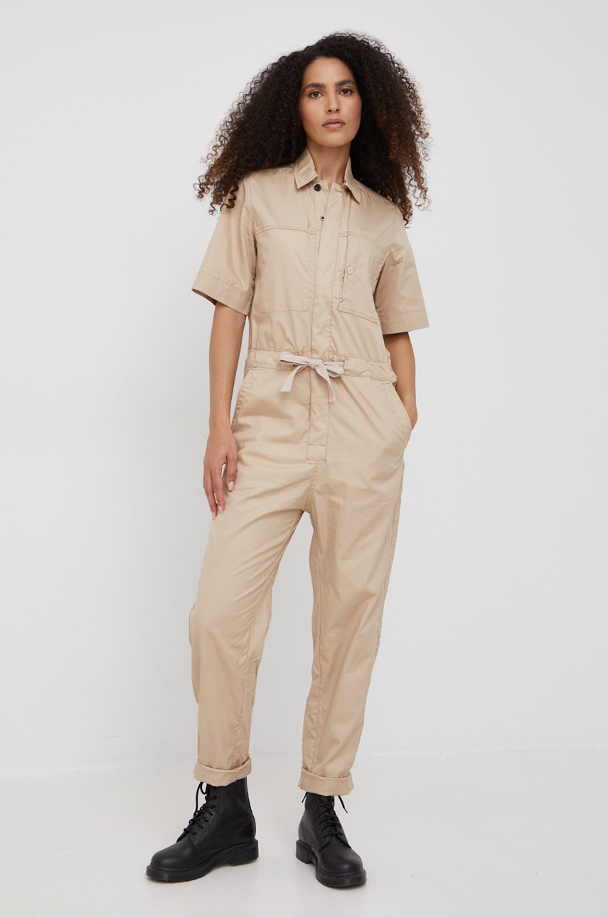 G-star raw salopeta din bumbac culoarea bej, bumbac, cu guler