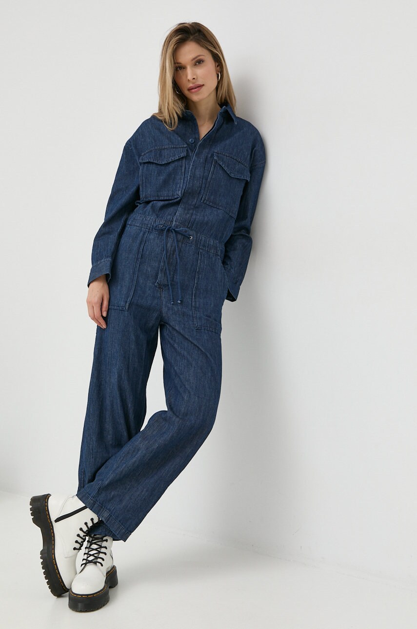 Levi's salopeta jeans culoarea albastru marin, bumbac, cu guler