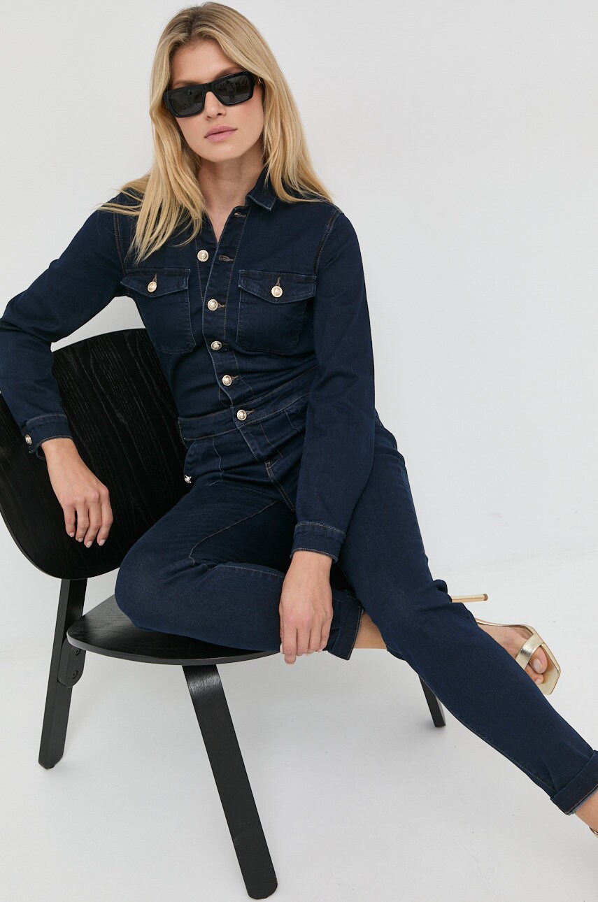 Morgan salopeta jeans culoarea albastru marin, cu guler