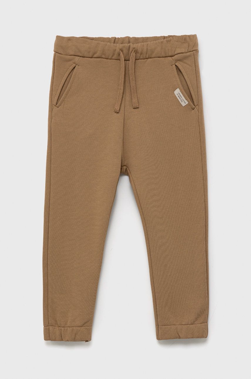 United Colors of Benetton pantaloni de trening din bumbac pentru copii culoarea maro, neted