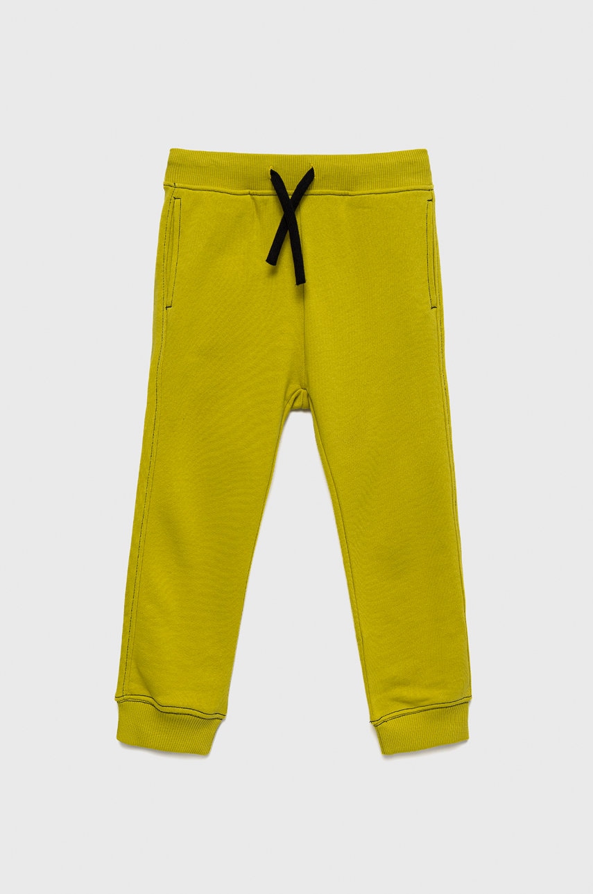 Sisley pantaloni de trening din bumbac pentru copii culoarea verde, neted