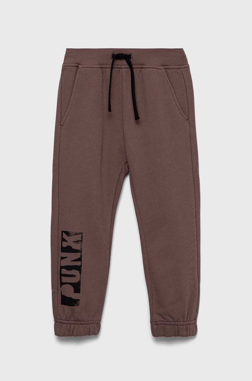Sisley pantaloni de trening din bumbac pentru copii culoarea maro, cu imprimeu