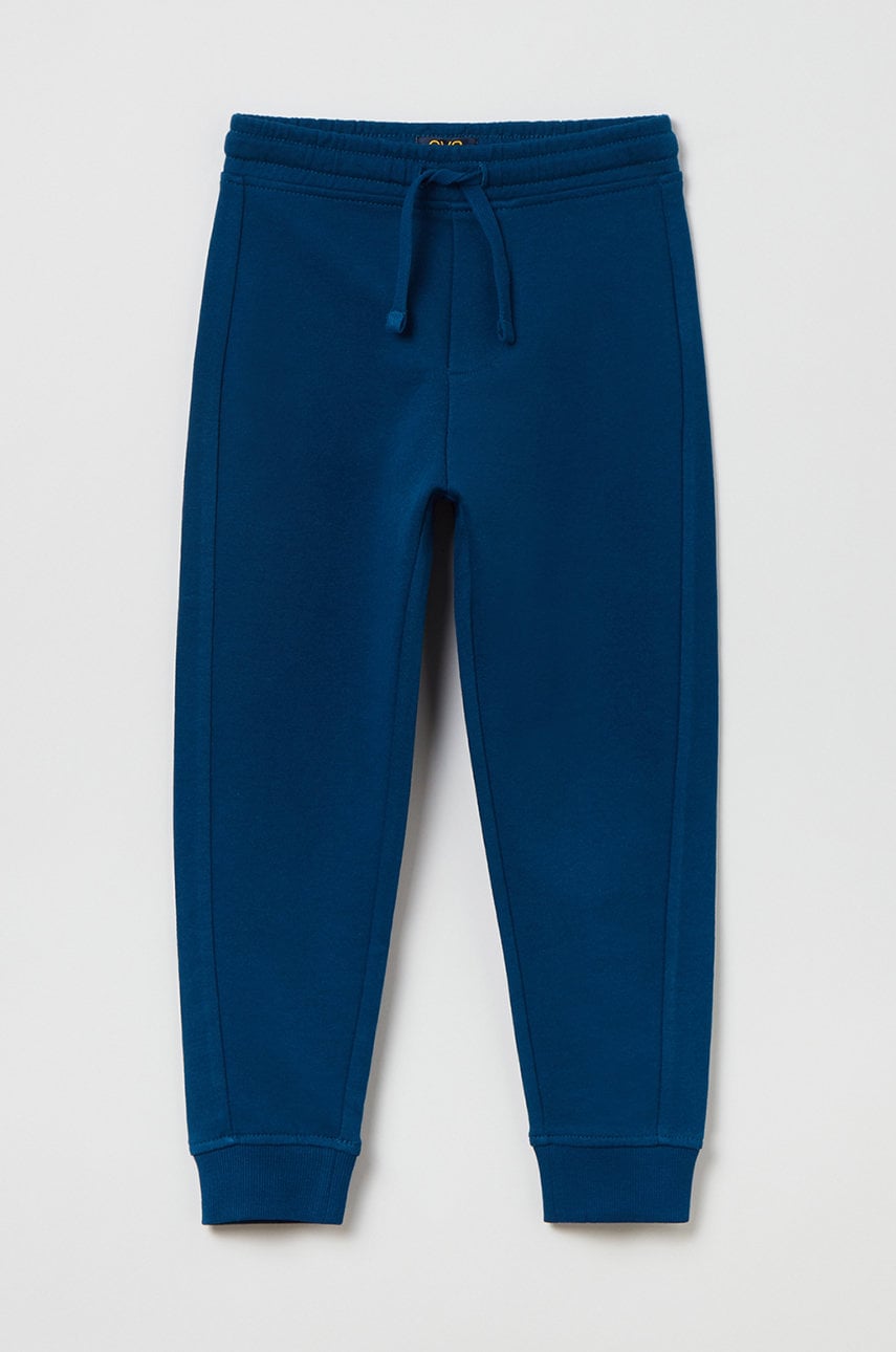 OVS pantaloni de trening din bumbac pentru copii culoarea albastru marin, neted