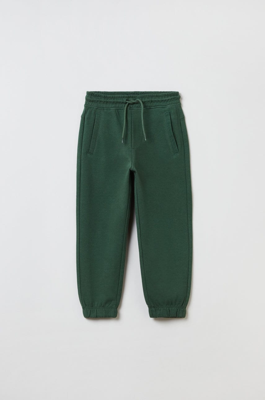 OVS pantaloni de trening din bumbac pentru copii culoarea verde, neted