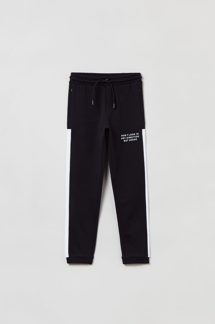 Ovs pantaloni de trening din bumbac pentru copii culoarea negru, cu imprimeu
