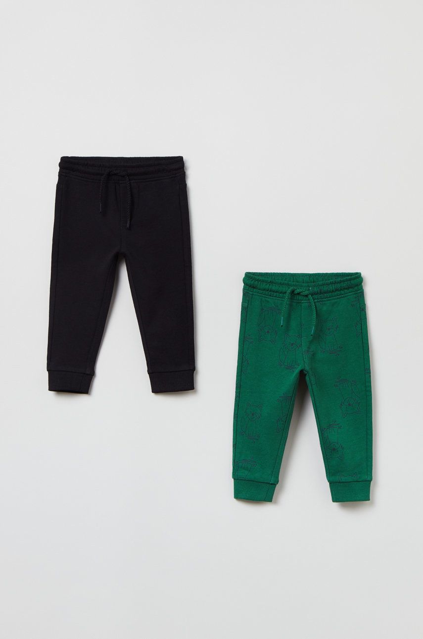 OVS spodnie dresowe bawełniane niemowlęce 2-pack kolor zielony wzorzyste