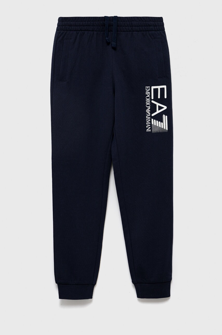 EA7 Emporio Armani pantaloni de trening din bumbac pentru copii culoarea albastru marin, cu imprimeu