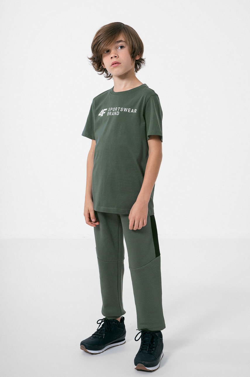 4F pantaloni de trening pentru copii culoarea verde, neted