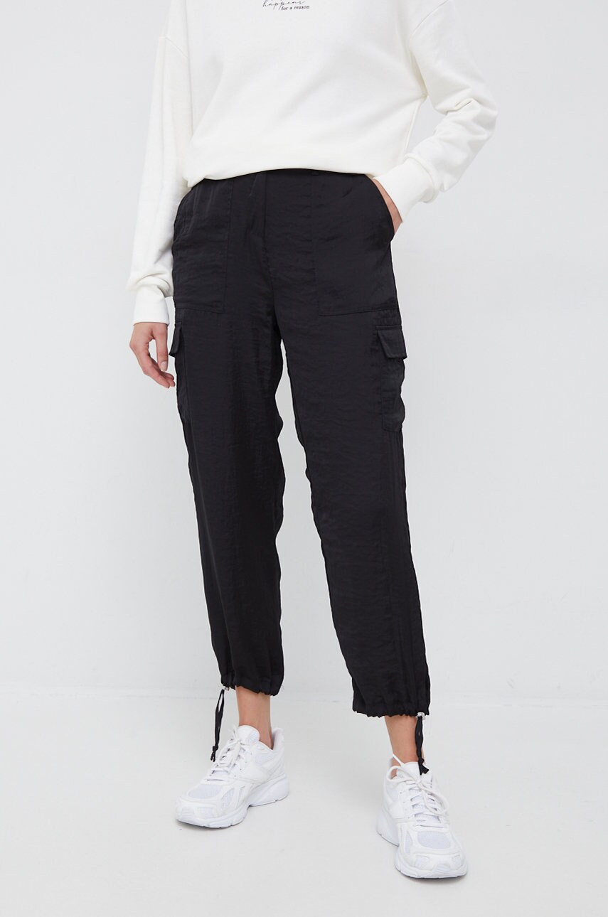 Dkny pantaloni femei, culoarea negru, drept, high waist