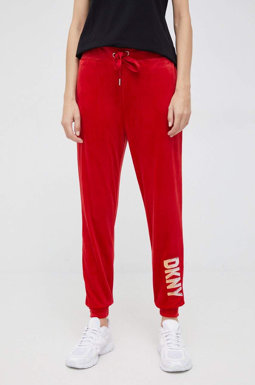 Dkny pantaloni de trening femei, culoarea rosu, cu imprimeu