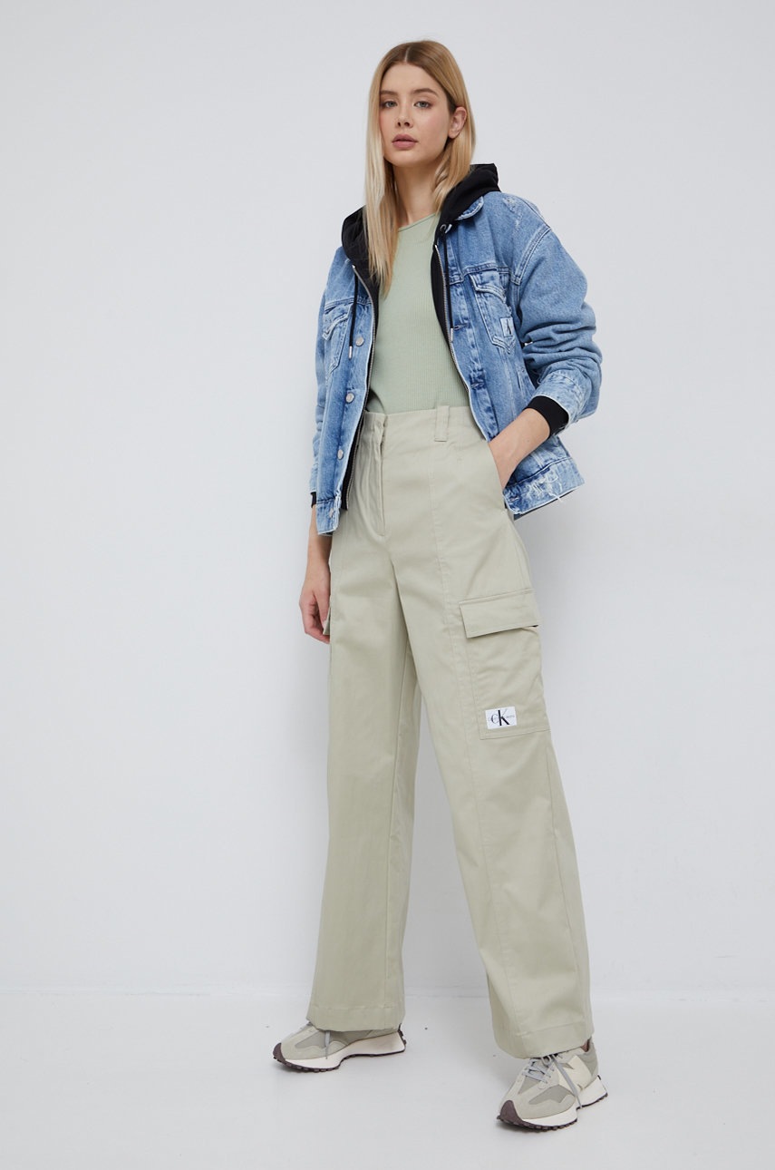 

Панталони Calvin Klein Jeans в бежово с широка каройка, с висока талия, Бежов