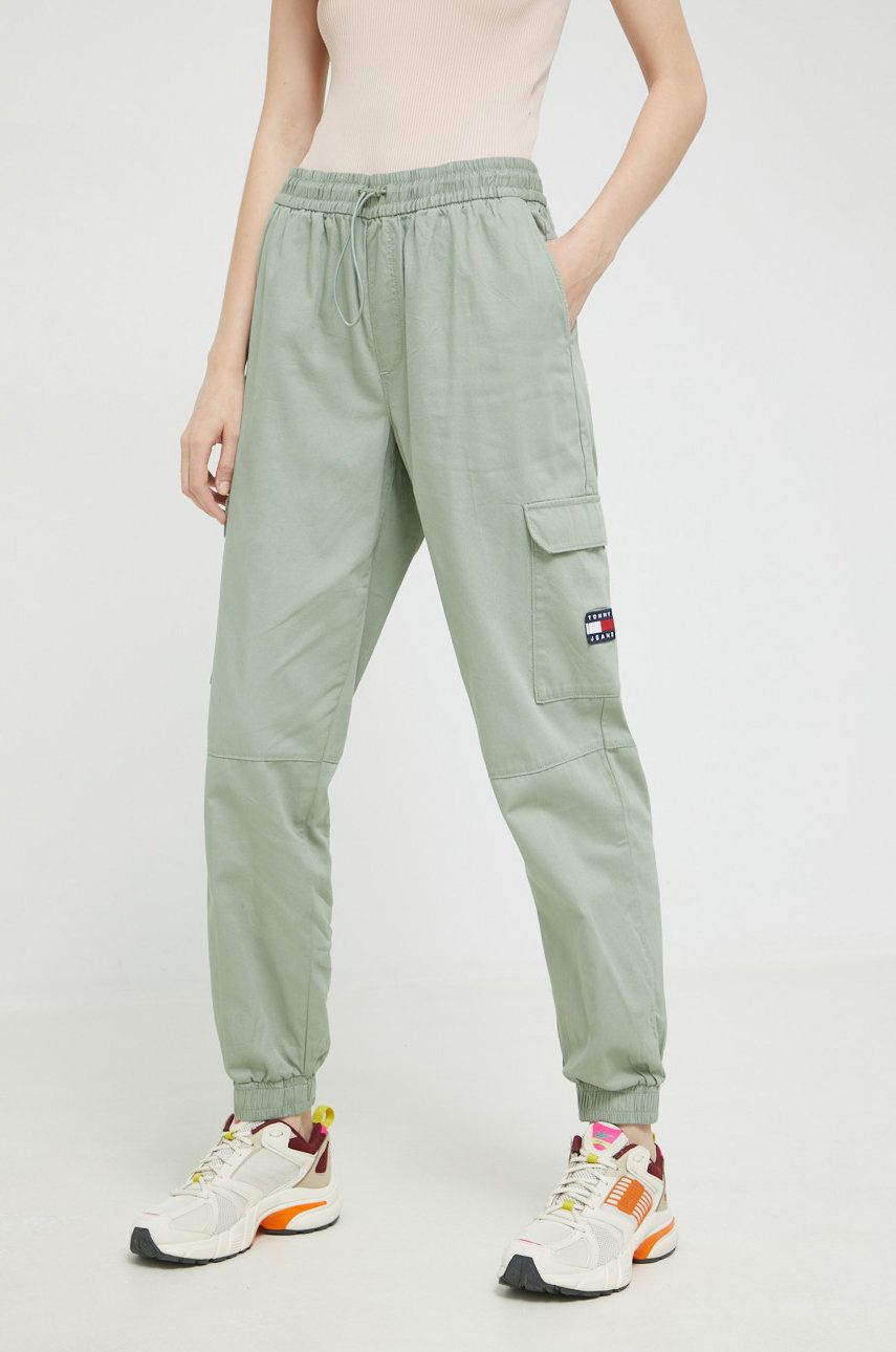 Tommy Jeans pantaloni de bumbac femei, culoarea verde, fason cargo, high waist answear.ro imagine noua