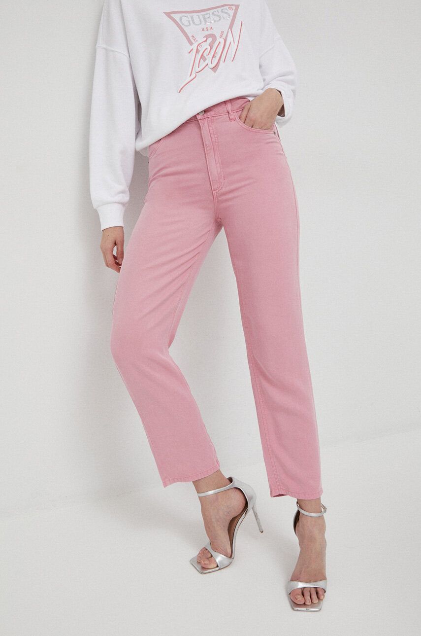 E-shop Kalhoty Guess dámské, růžová barva, jednoduché, high waist