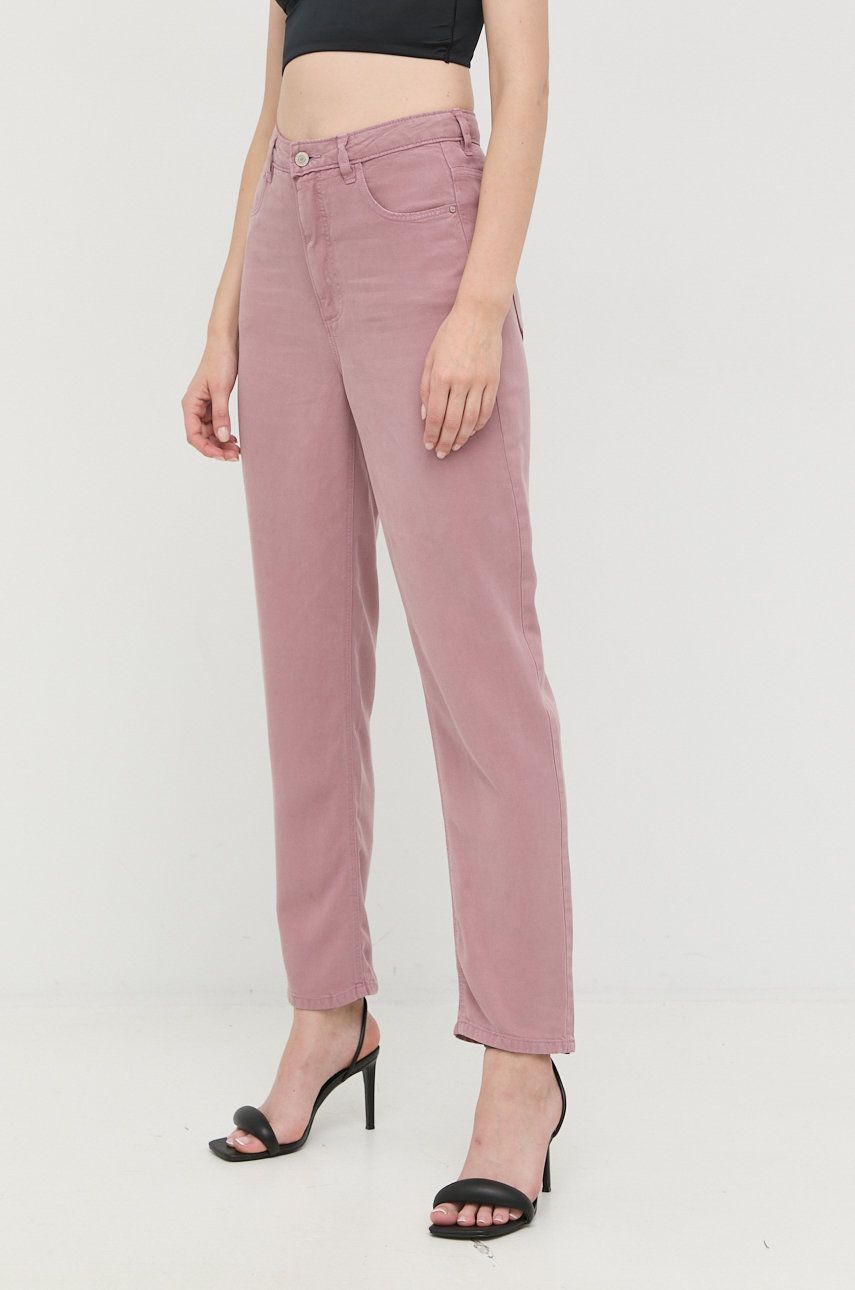 E-shop Kalhoty Guess dámské, fialová barva, jednoduché, high waist