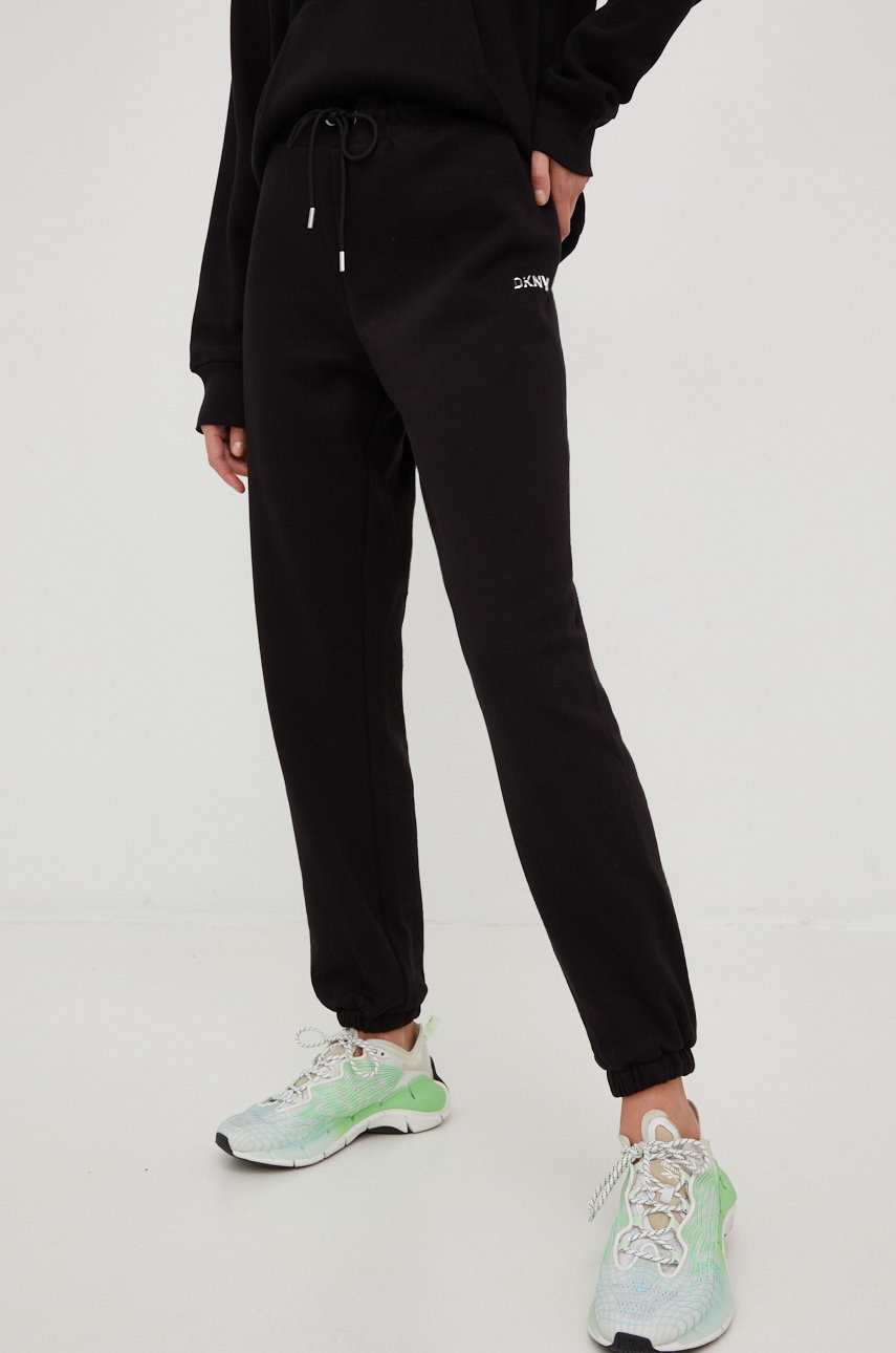 Dkny Pantaloni De Trening Femei, Culoarea Negru, Neted