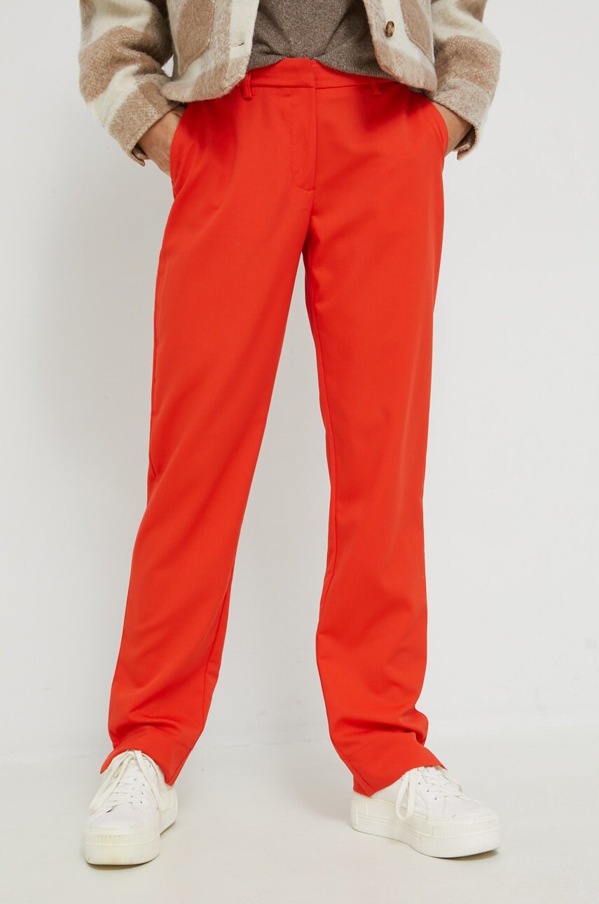 Pieces pantaloni malie femei, culoarea portocaliu, drept, high waist