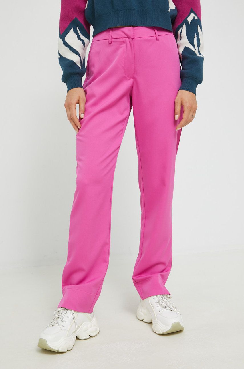 Kalhoty Pieces Malie dámské, růžová barva, jednoduché, high waist - růžová -  77% Polyester