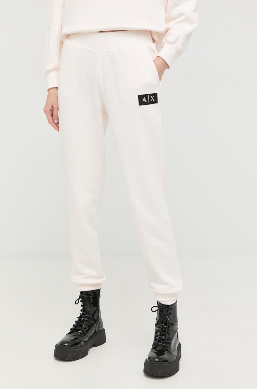 Armani Exchange pantaloni de trening din bumbac femei, culoarea bej, neted