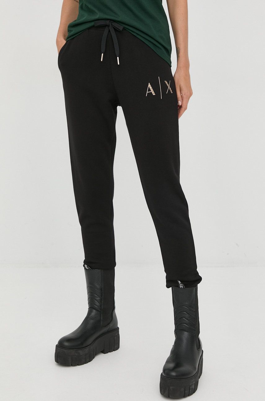 Armani Exchange spodnie dresowe bawełniane damskie kolor czarny z aplikacją