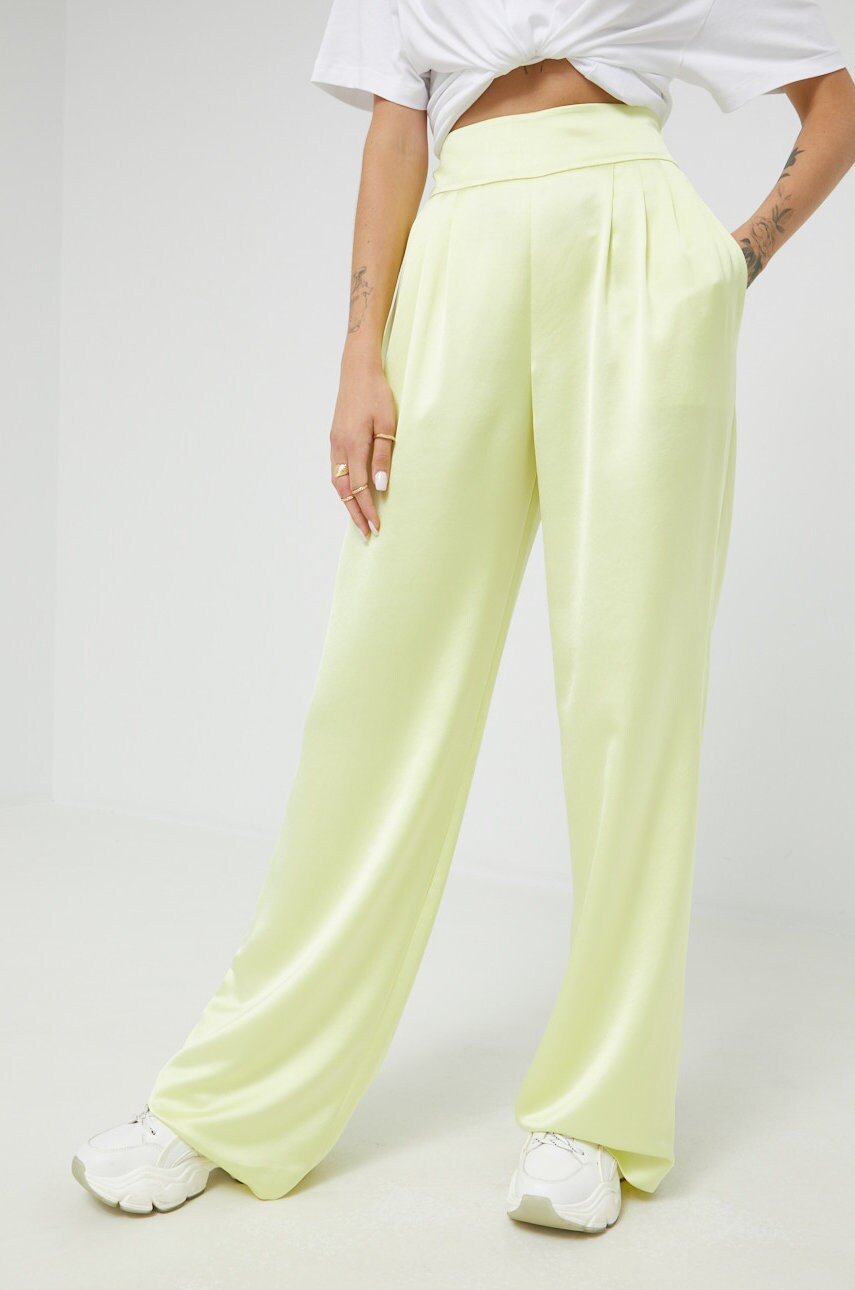 Hugo pantaloni femei, culoarea galben, lat, high waist