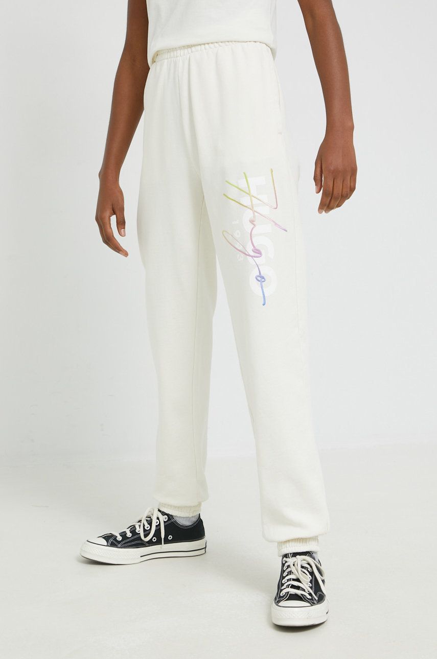 HUGO pantaloni de trening din bumbac femei, culoarea bej, cu imprimeu answear.ro imagine noua