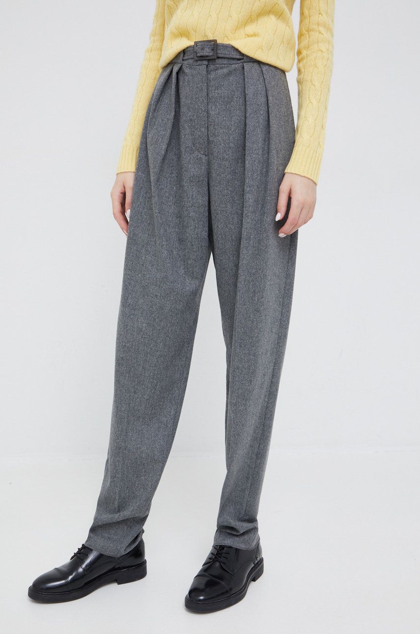 Levně Vlněné kalhoty Emporio Armani dámské, šedá barva, střih chinos, high waist