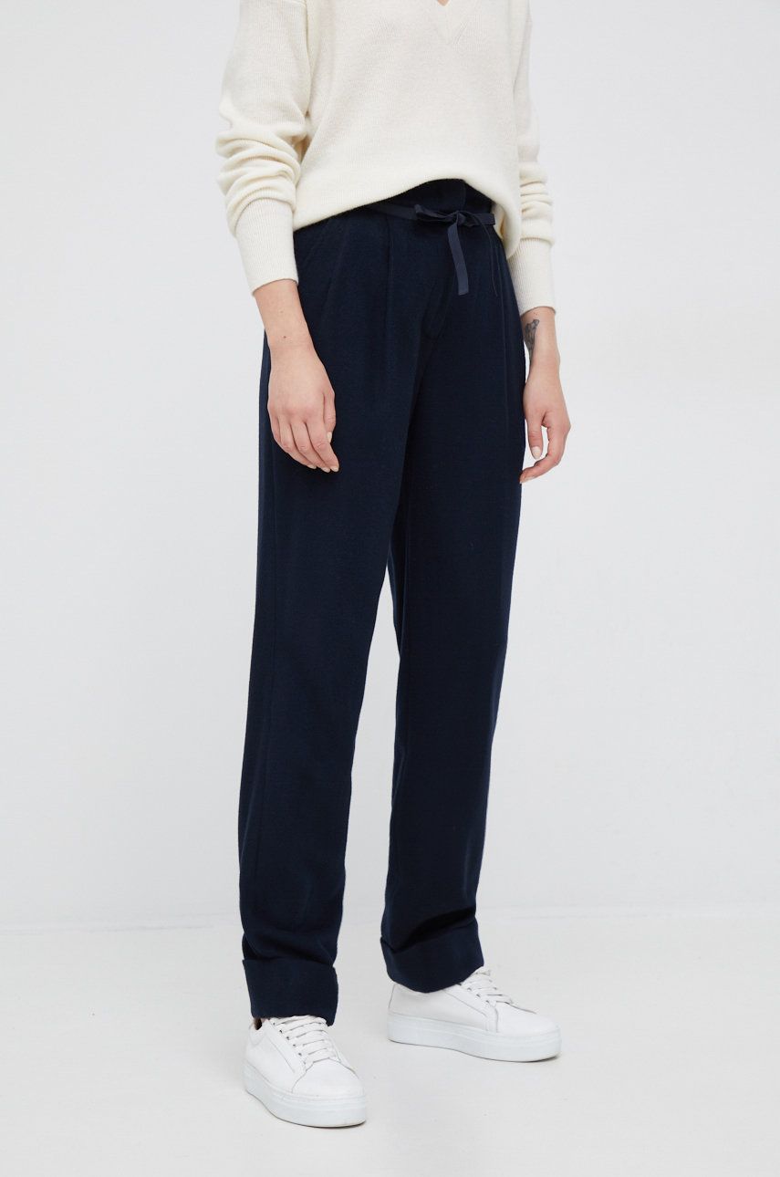 Vlněné kalhoty Emporio Armani dámské, tmavomodrá barva, jednoduché, high waist - námořnická modř - 