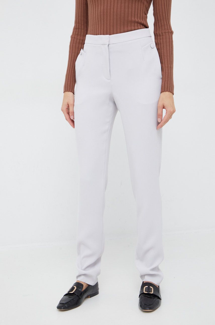 Kalhoty Emporio Armani dámské, šedá barva, jednoduché, high waist - šedá -  Materiál č. 1: 100 