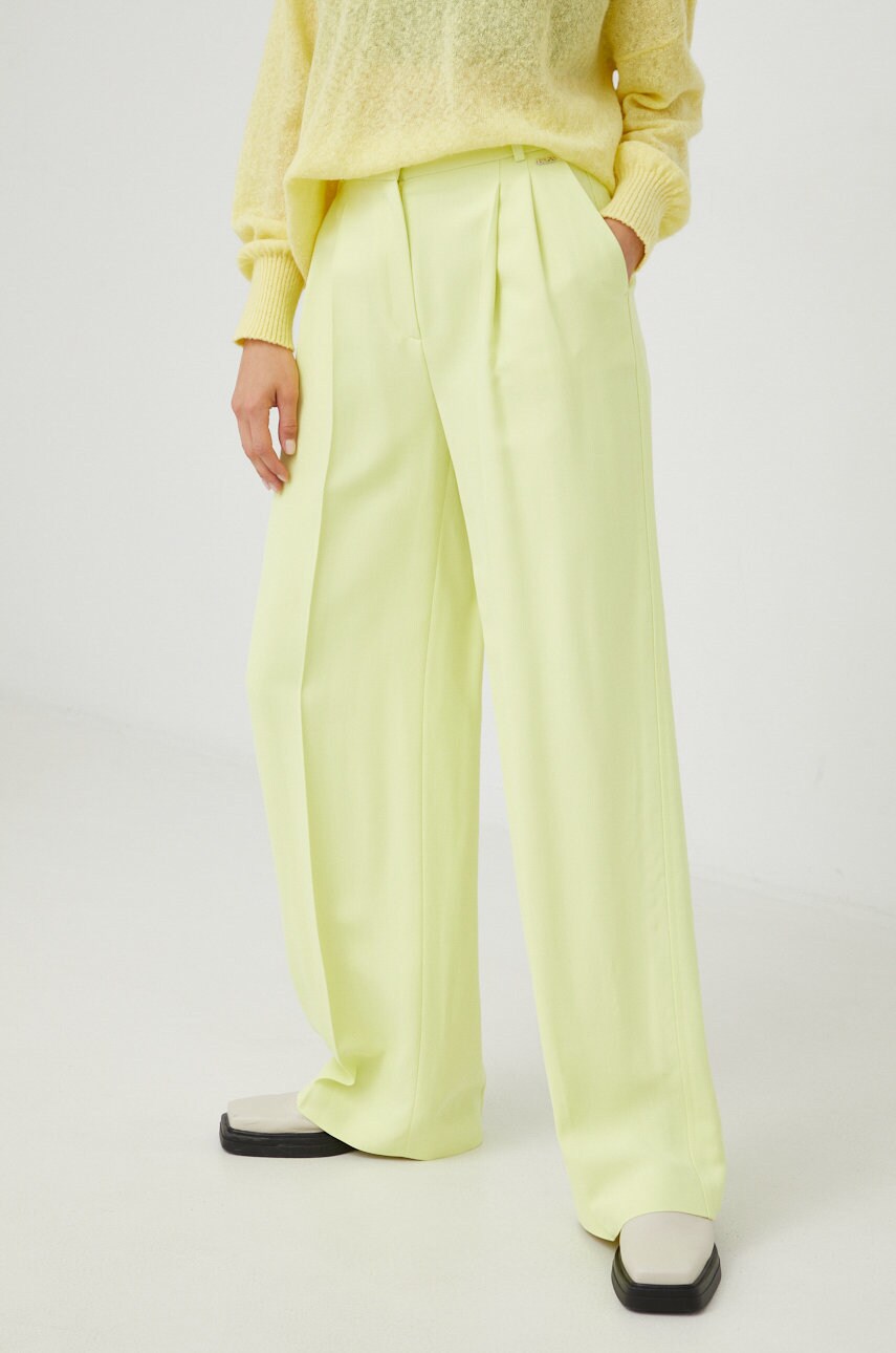 Boss pantaloni femei, culoarea galben, drept, high waist